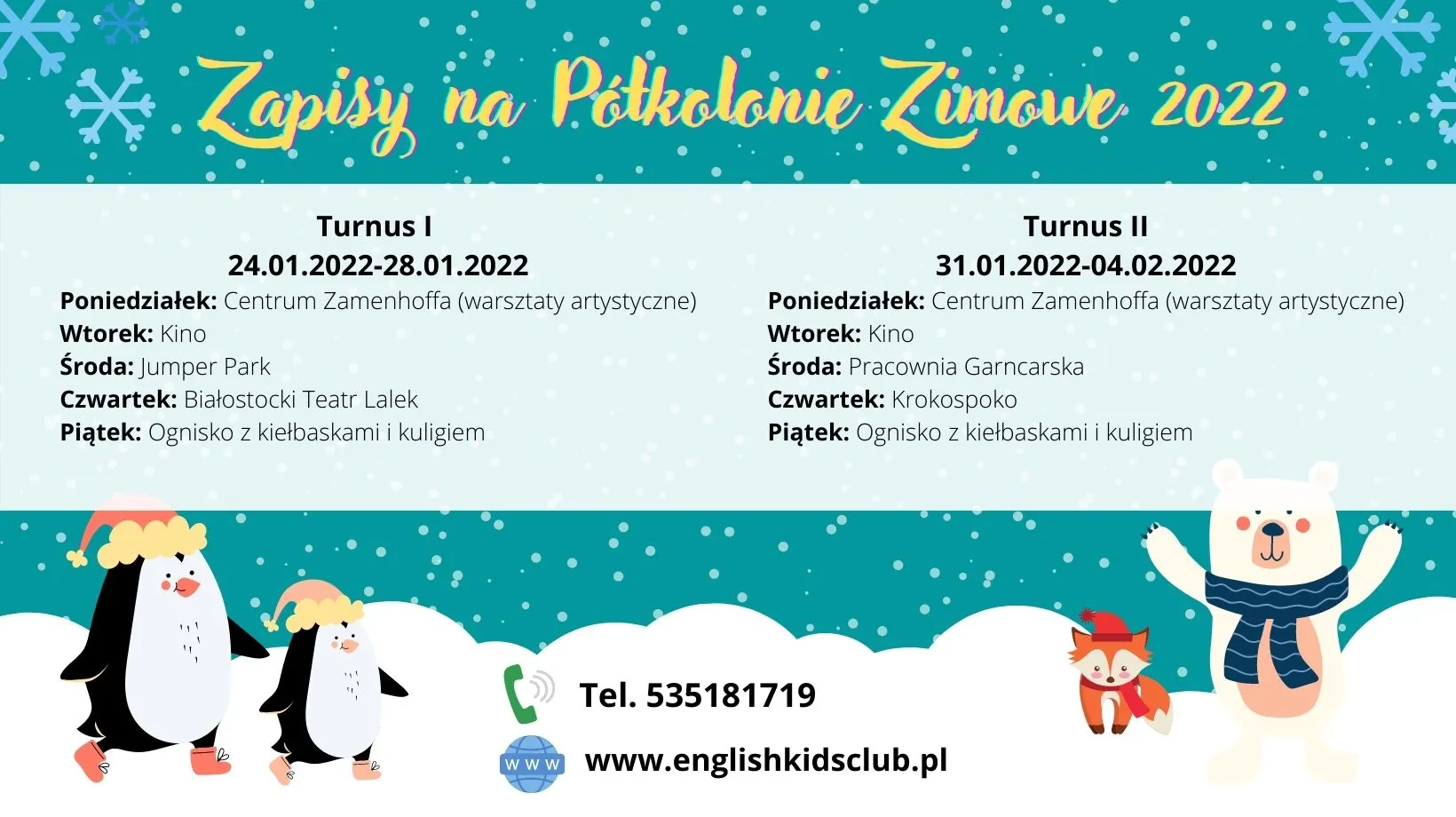 Zapisy na Półkolonie Zimowe 2022